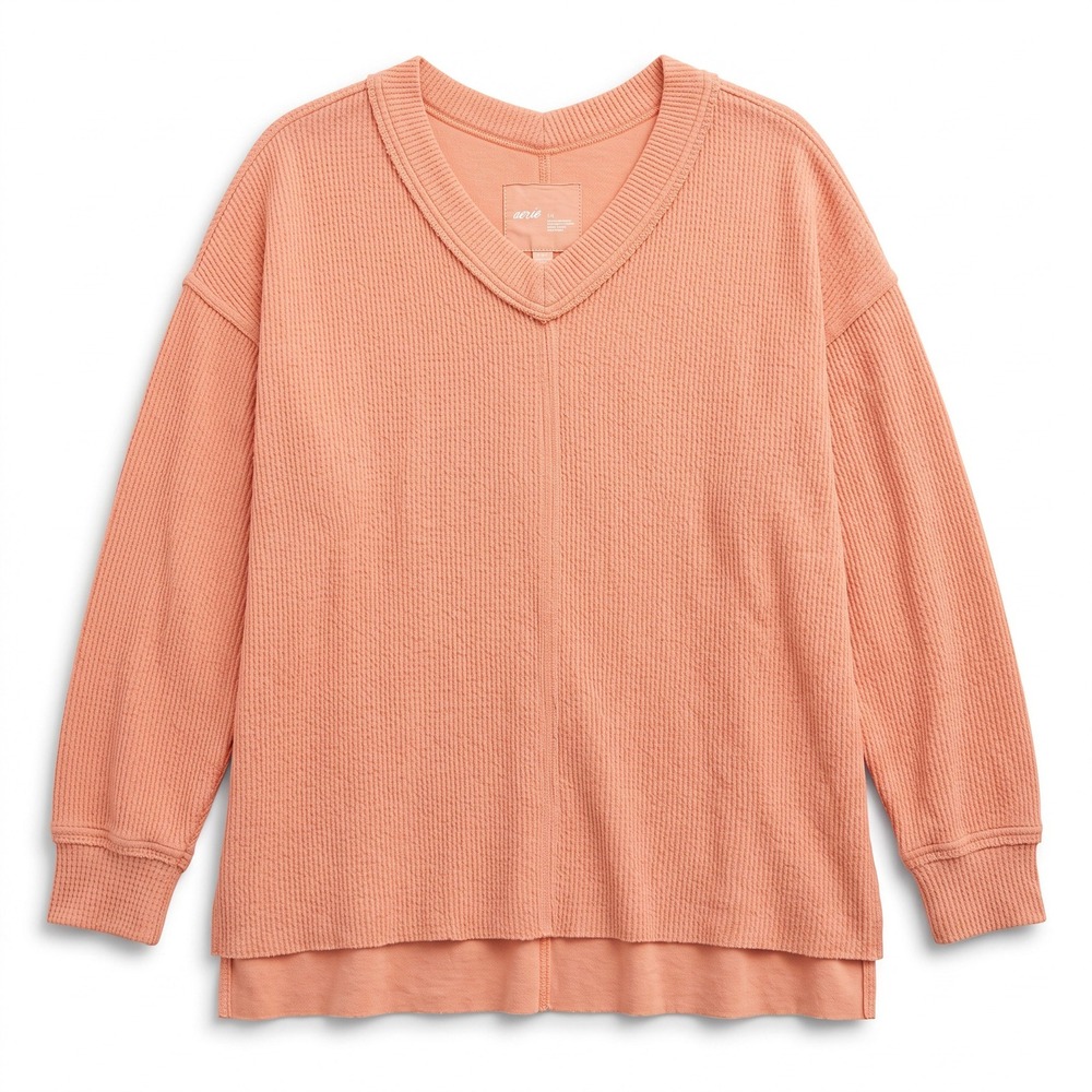 Aerie L Peach V-Neck Waffle Knit Oversized Pullover Womens Casual Cozy Sweater